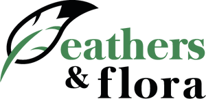 Feathers & Flora Logo, feather and leaf combined icon with text